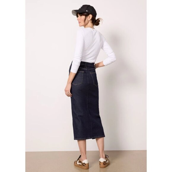 NWT Good American | Slit Front Midi Skirt In Dark Indigo716 - Picture 2 of 9